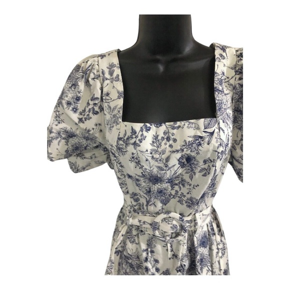 Cream blue floral‎ puff sleeve belted smocked square neck nap dress size medium - Picture 12 of 17